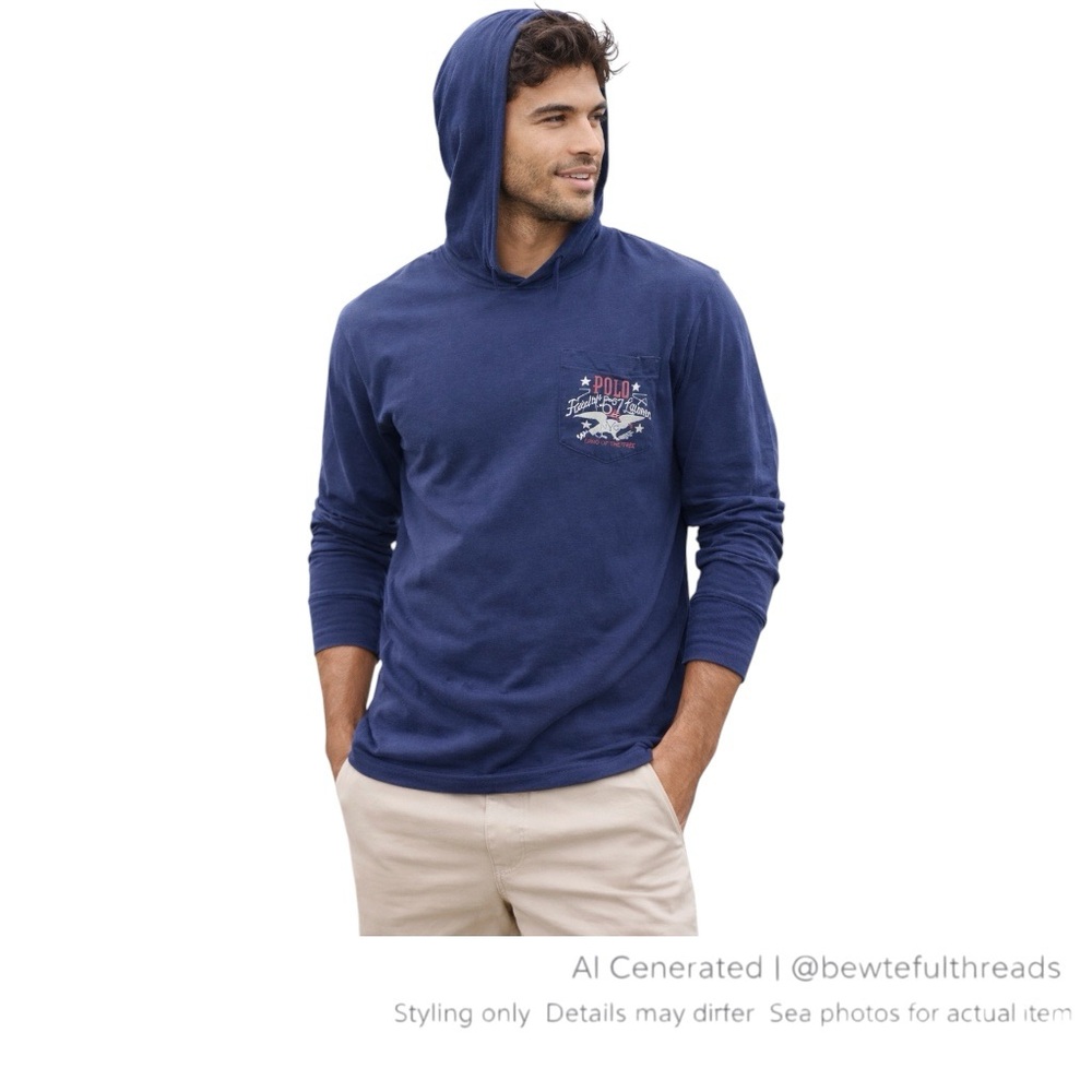 Polo Ralph Lauren Navy Hooded Tee Americana Graphic Pocket Shirt L